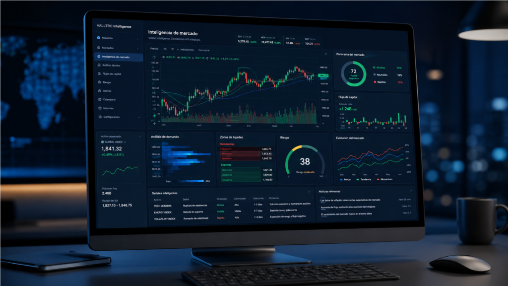 Representación de una plataforma de inteligencia de mercado conectada con gráficos, precios, tendencias, indicadores de riesgo, bases de datos y sistemas algorítmicos. La imagen muestra un entorno de análisis y simulación diseñado para estudiar el comportamiento de los mercados sin ejecutar operaciones financieras reales.