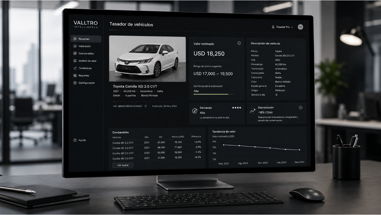 Software de valoración de vehículos capaz de analizar precios, kilometraje, antigüedad, demanda, depreciación y modelos comparables para calcular un valor estimado.