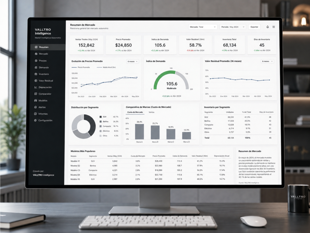 Representación de una plataforma de valoración inteligente conectada con datos de mercado, comparables, estadísticas, depreciación y análisis de activos. La imagen refleja el uso de algoritmos para estudiar vehículos, propiedades y otros bienes mediante metodologías desarrolladas por VALLTRO Intelligence.